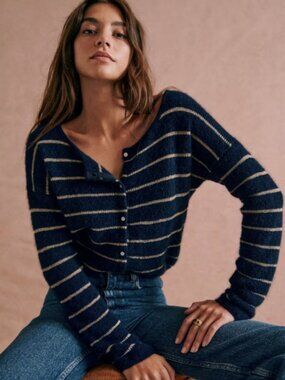 Sezane Gaspard Cardigan (Size Small, Navy/Gold Stripe)